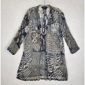 Lior Paris Floral Mixed Print Sheer Button Tunic Top Women Sz XL Sequin Beaded